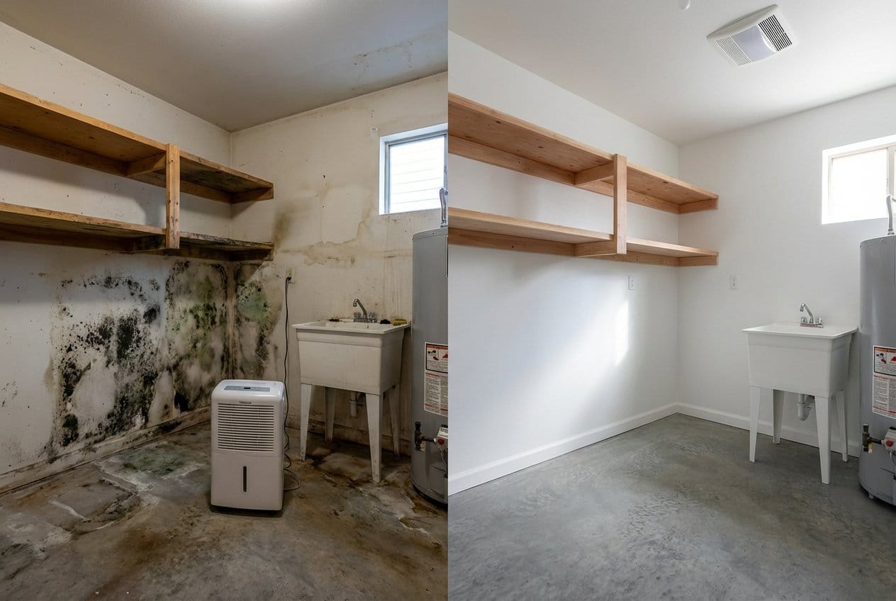 Attic & Crawl Space Mold Removal restoration โ utility room of split-level home in Allendale, NJ