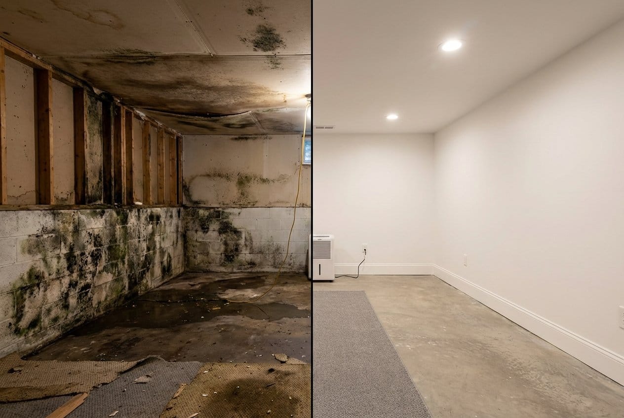 Basement & Foundation Mold Removal before and after in residential basement, Allendale NJ