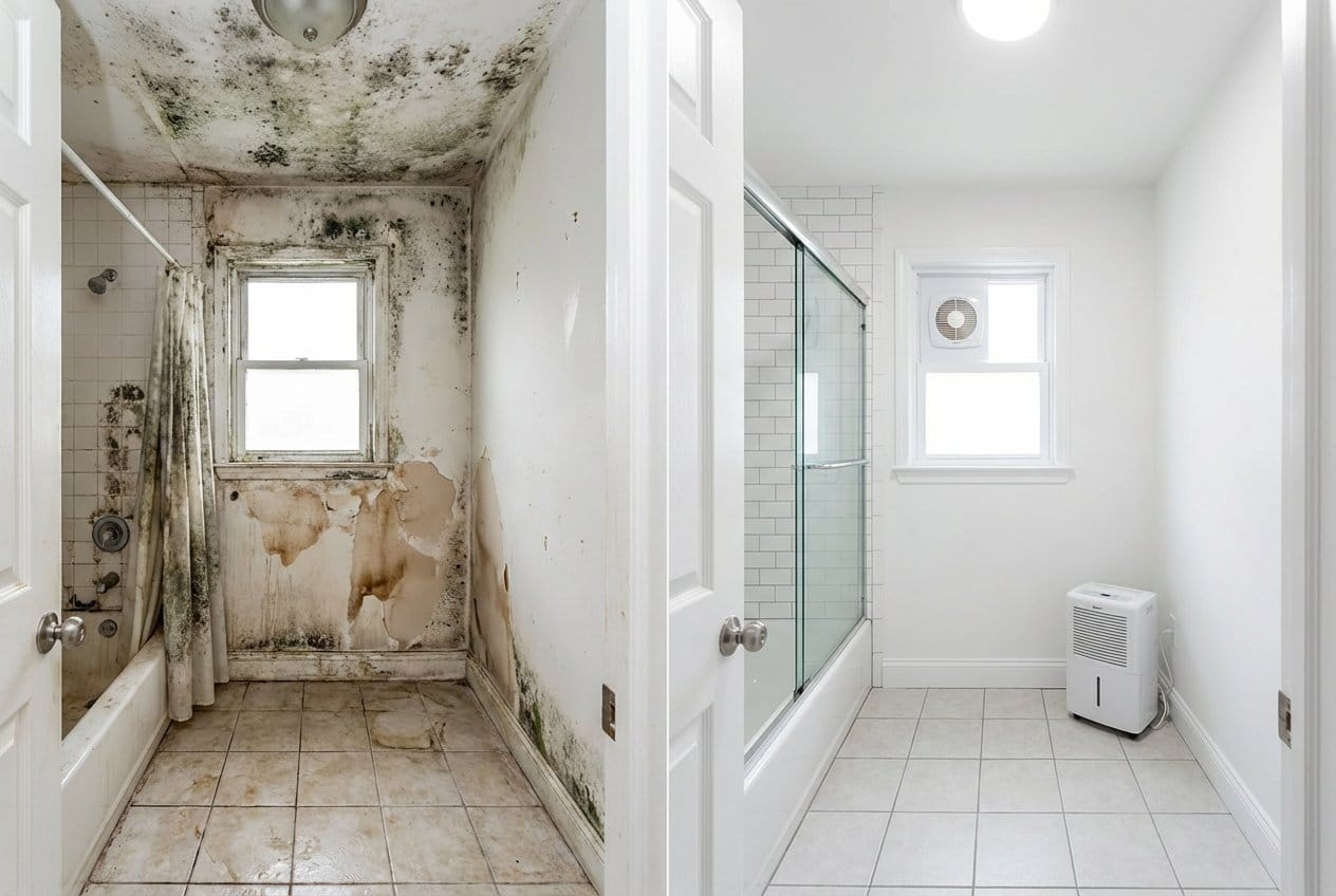 Before and after basement & foundation mold removal in Allendale private residence bathroom