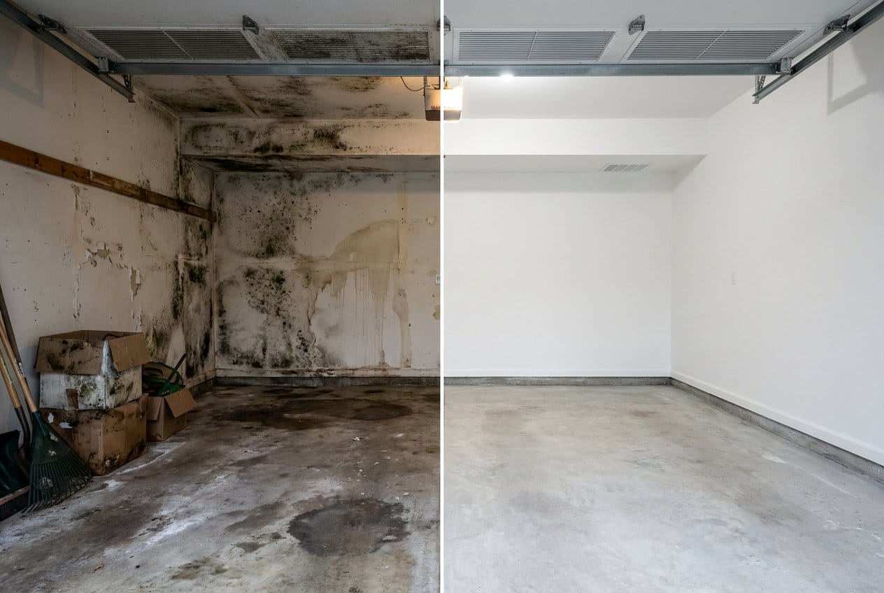 Post-Remediation Cleaning & Clearance before and after in garage, Allendale NJ
