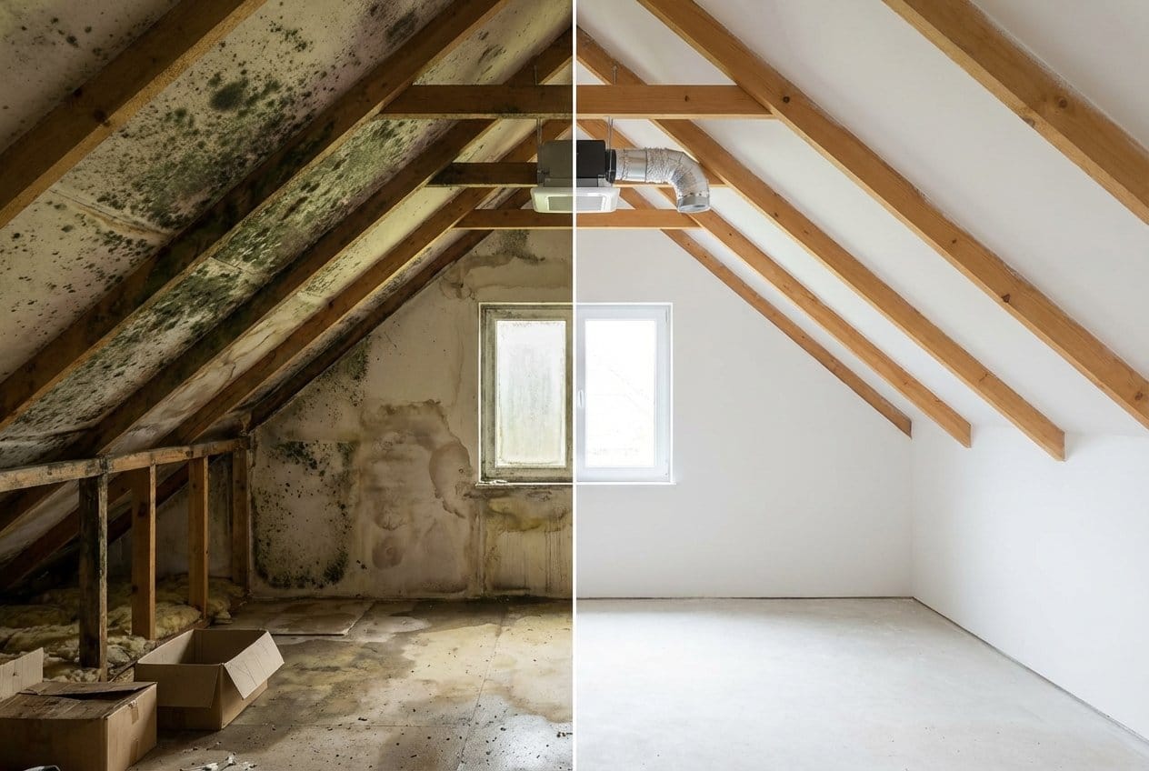 Before and after post-remediation cleaning & clearance in Allendale single-family home attic space