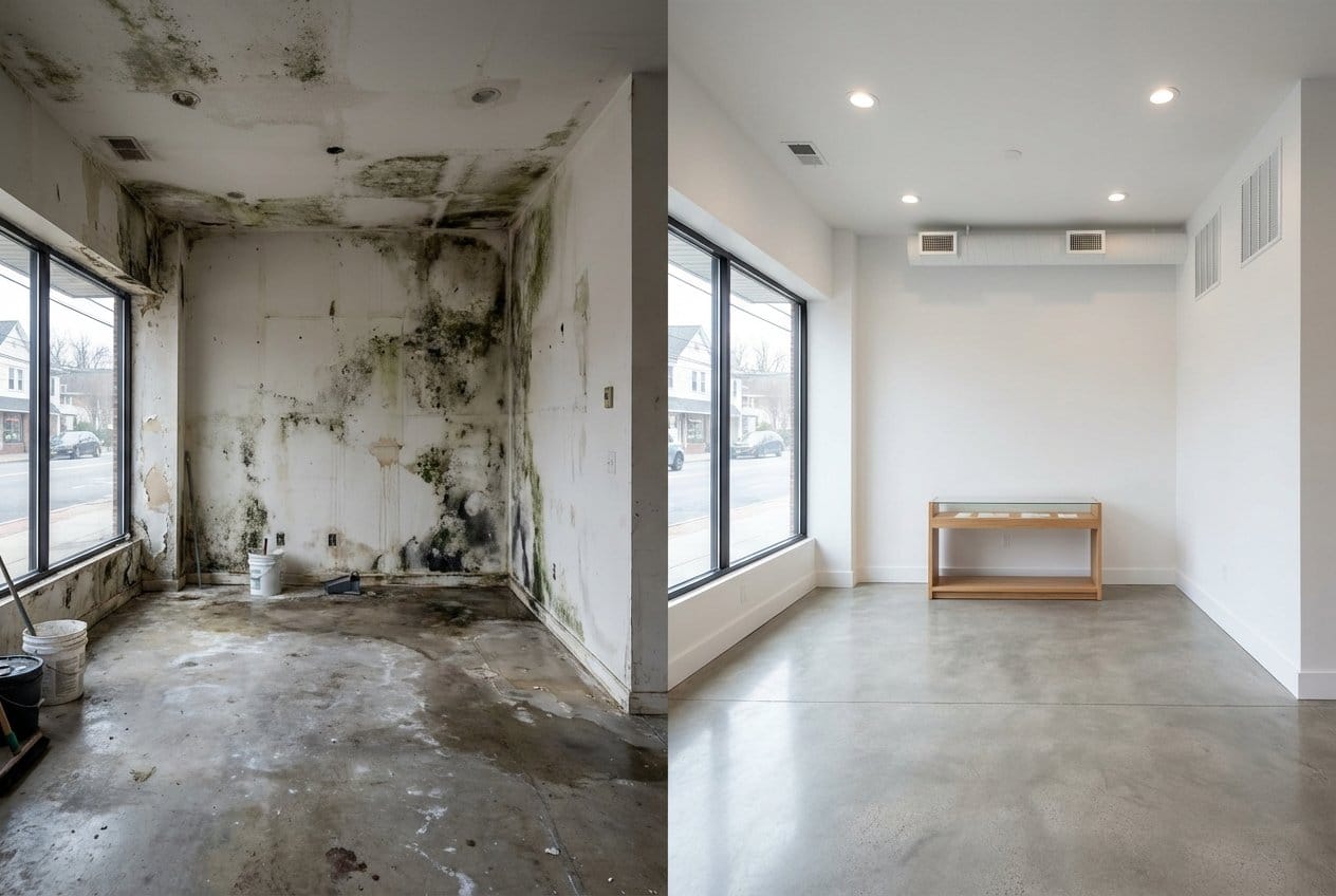 Before and after humidity & moisture control solution in Allendale townhouse storefront interior