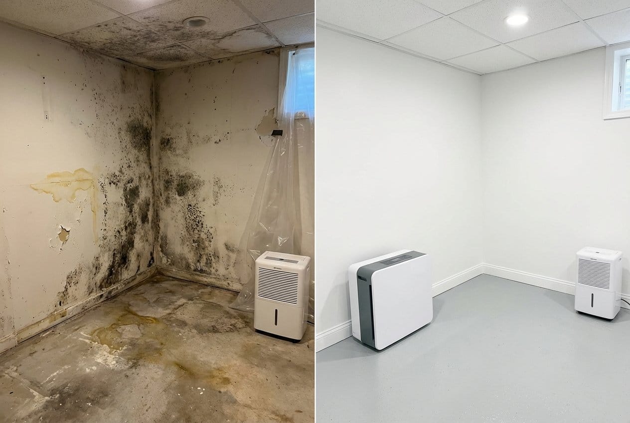 Allendale Mold Removal residential basement restoration before and after in Allendale